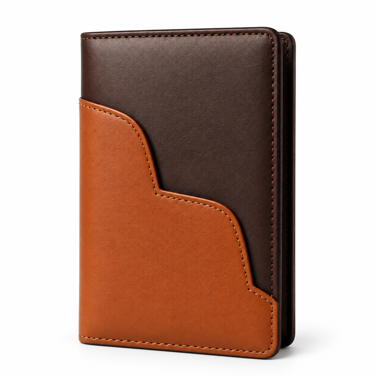 PAWLII Heimtierausweishülle aus Leder in Dunkelbraun und Cognac, Vorderansicht.