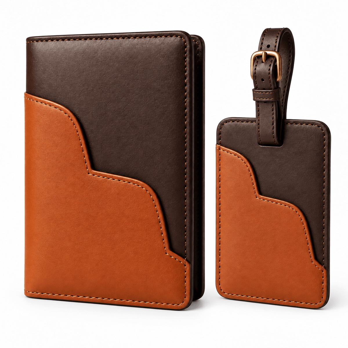 Geschenkset eine Heimtierausweishülle und Kofferanhänger aus Leder in Dunkelbraun und Cognac.