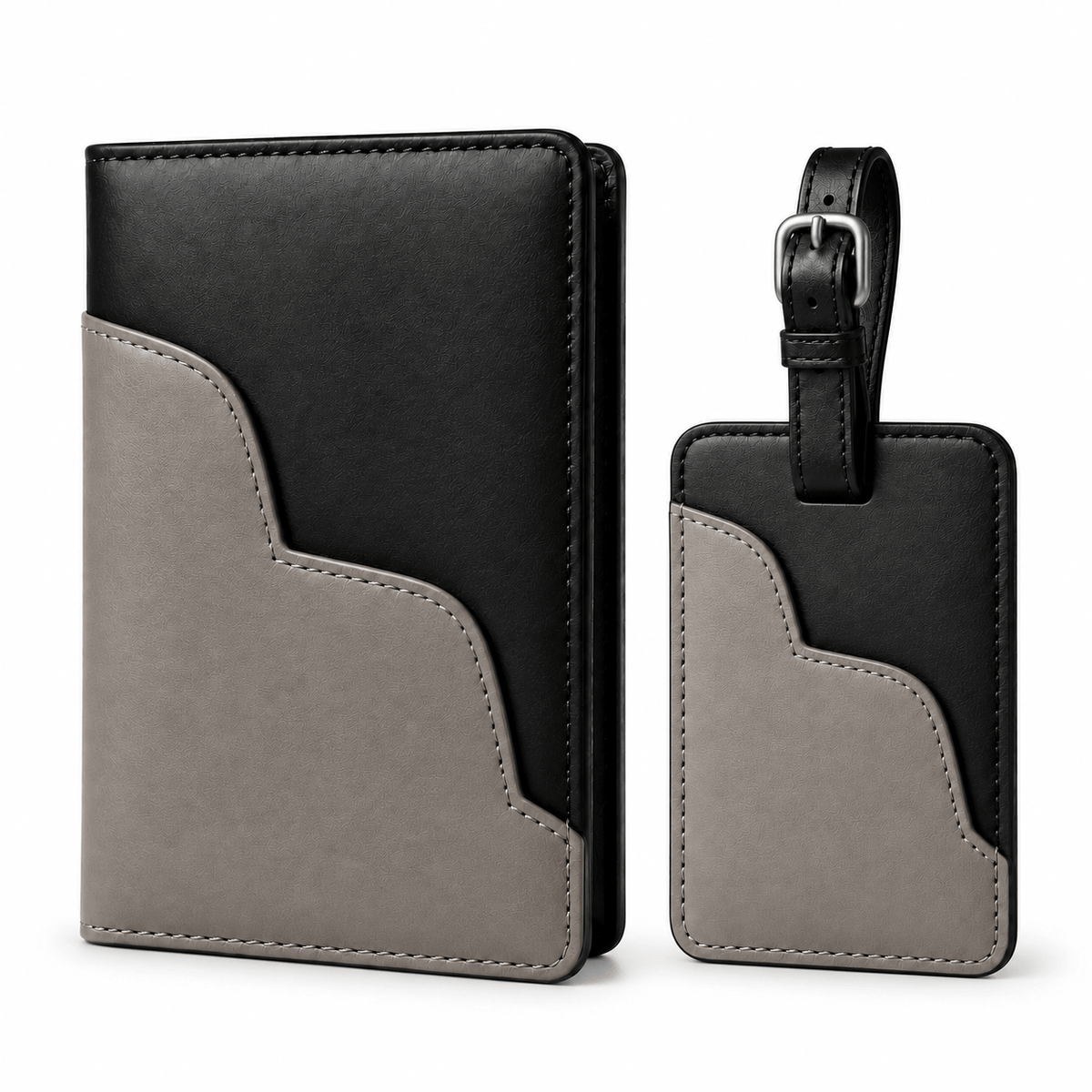 Geschenkset einer Heimtierausweishülle mit Kofferanhänger aus Leder in schwarz und steingrau.