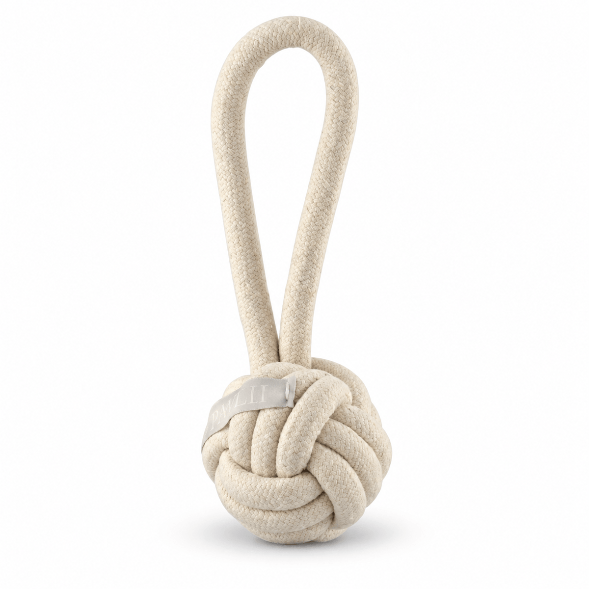 PAWLII Wurfball für Hunde aus naturfarbenem Baumwollseil mit Handschlaufe.
