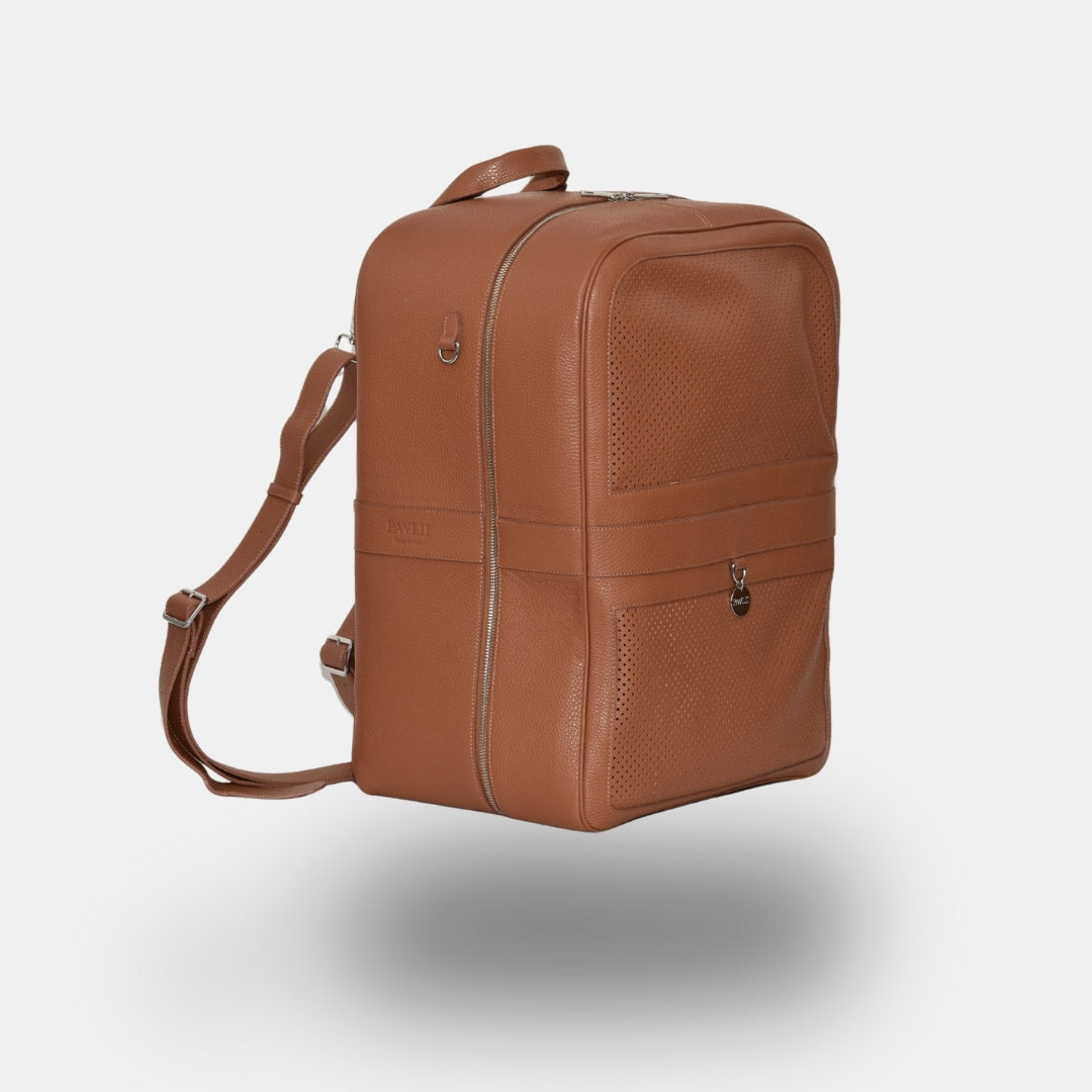 Hunderucksack aus Leder in Cognac.