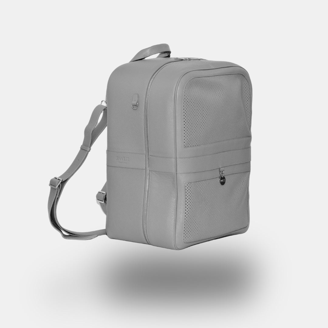 Hunderucksack aus Leder in Steingrau.