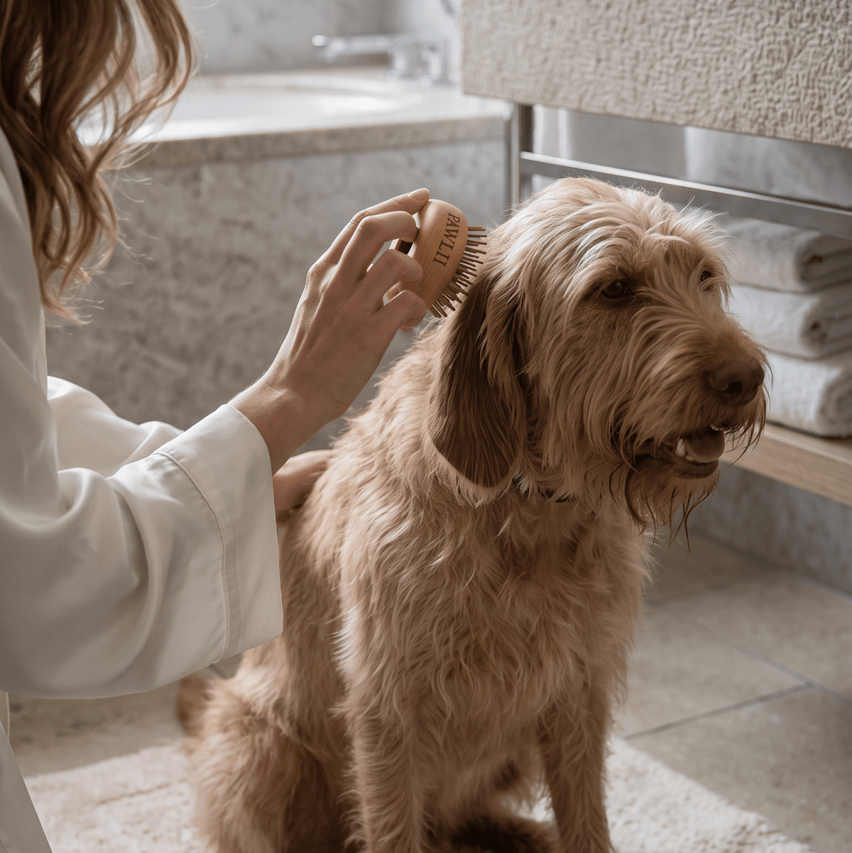 Hund wird mit der PAWLII Reisebürste aus geöltem Buchenholz gebüerstet.
