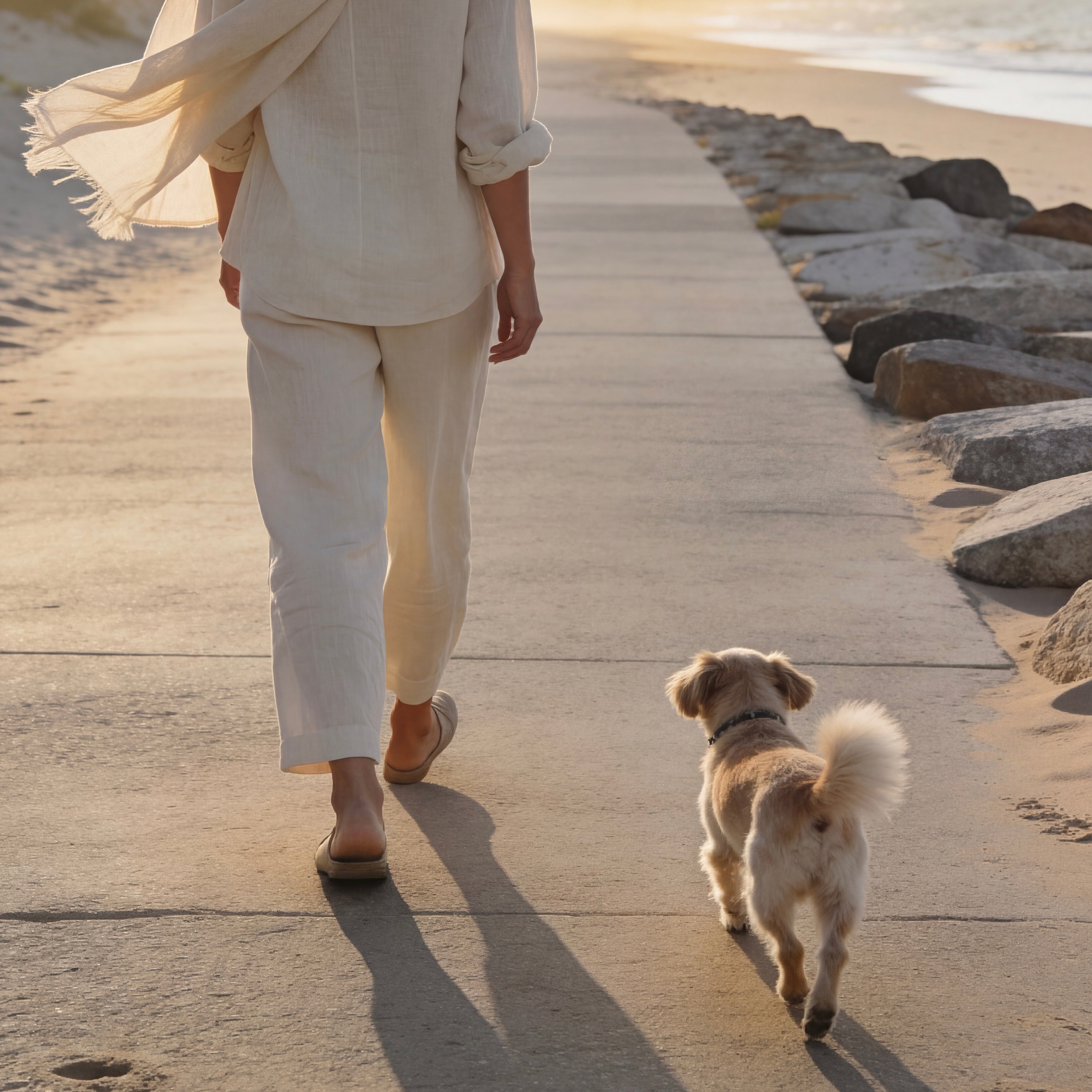 Woman walking the beach with her small dog.