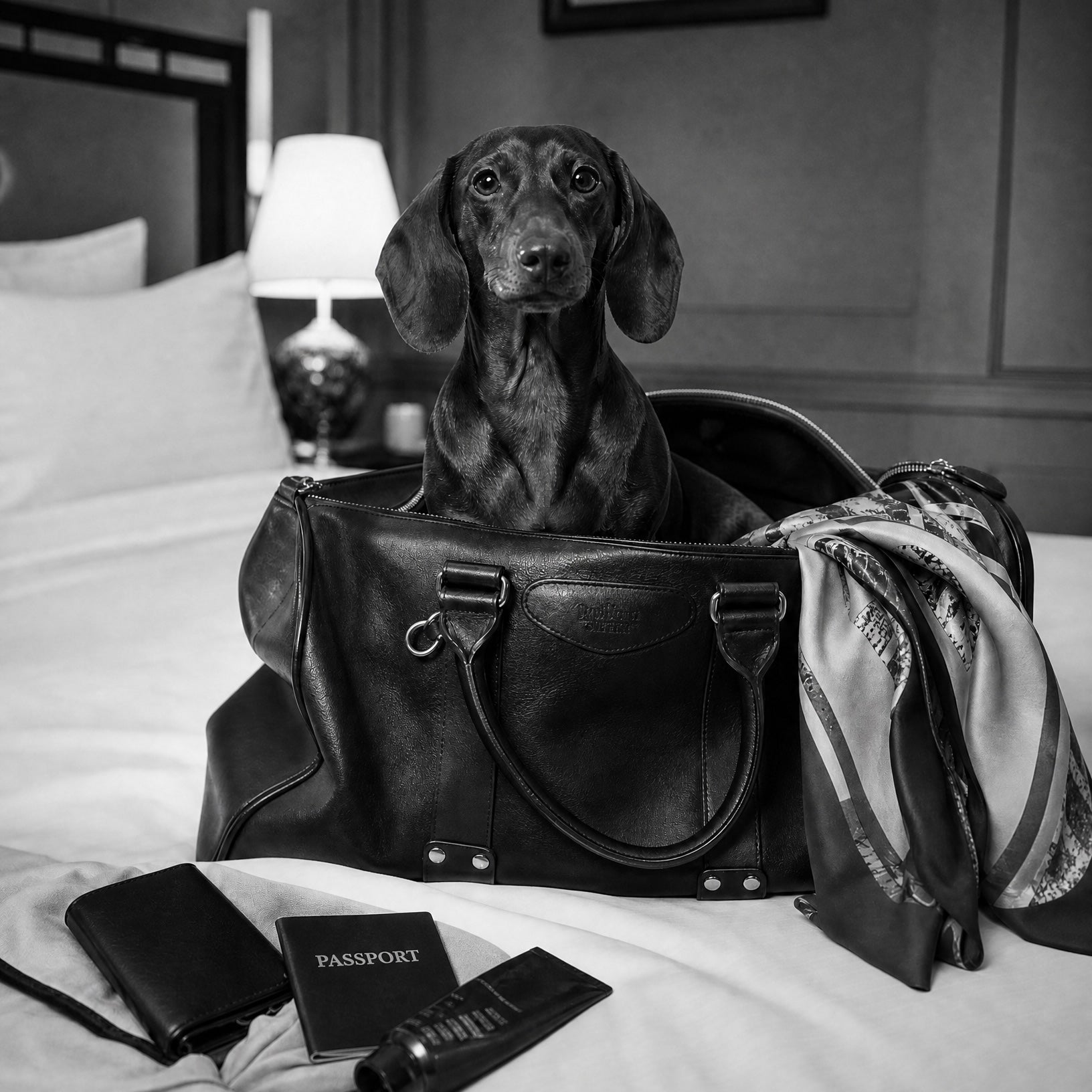 Dackel sitzt in schwarzer Reisetasche auf dem Bett im Hotelzimmer.