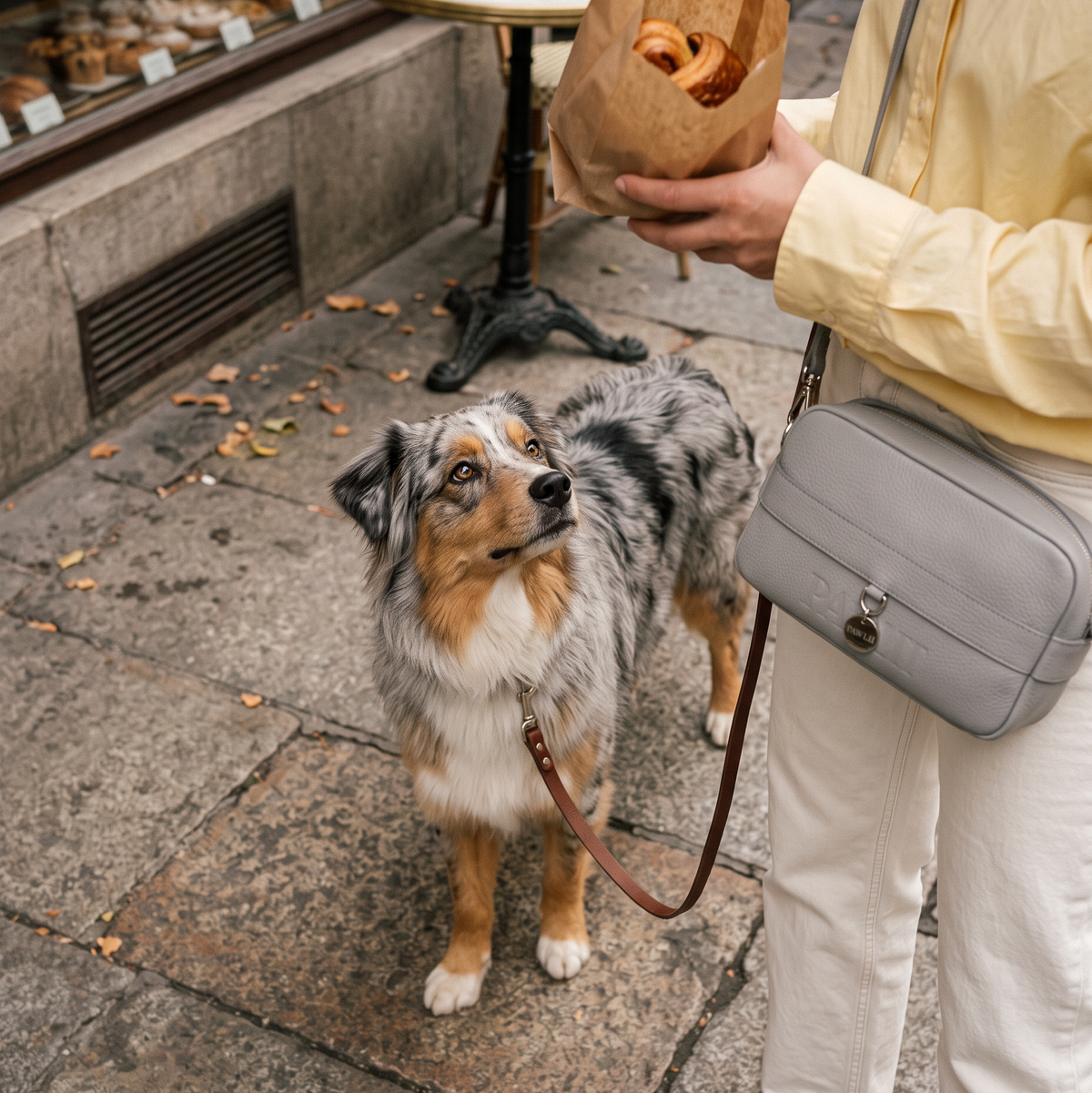 Eine Frau trägt die PAWLII Gassitasche in Steingrau während sie mit ihrem Hund spazieren geht.