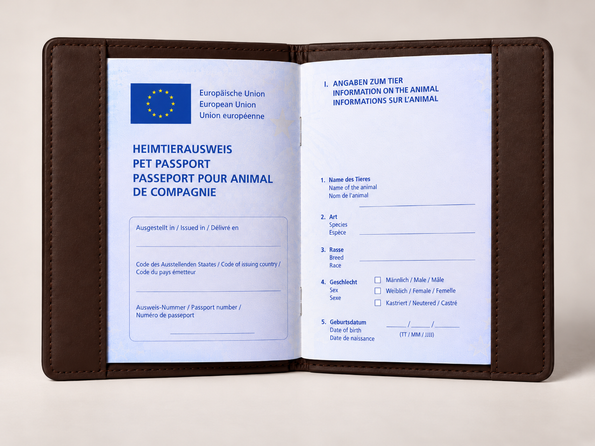 PAWLII Heimtierausweishülle aus Leder in Dunkelbraun und Cognac, geöffnet.