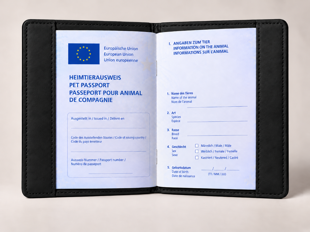 PAWLII Heimtierausweishülle aus Leder in Schwarz und Steingrau, geöffnet.