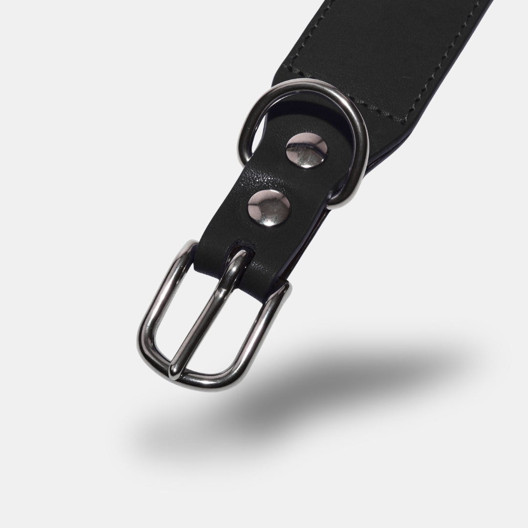 Lederhalsband in Schwarz. Nahaufnahme Verschluss.